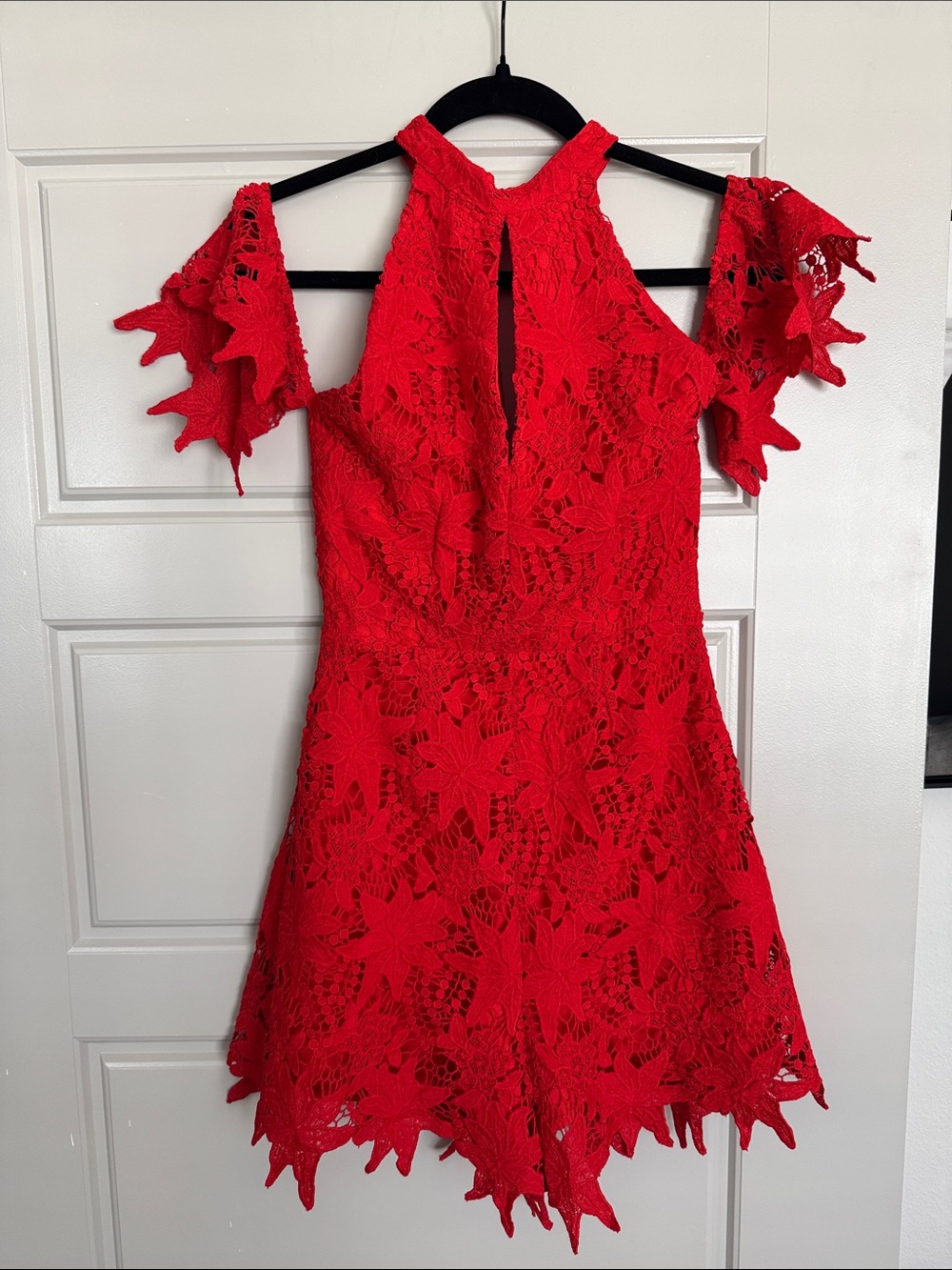 NWT ASTR The Label Red Lace Off Shoulder Romper, S